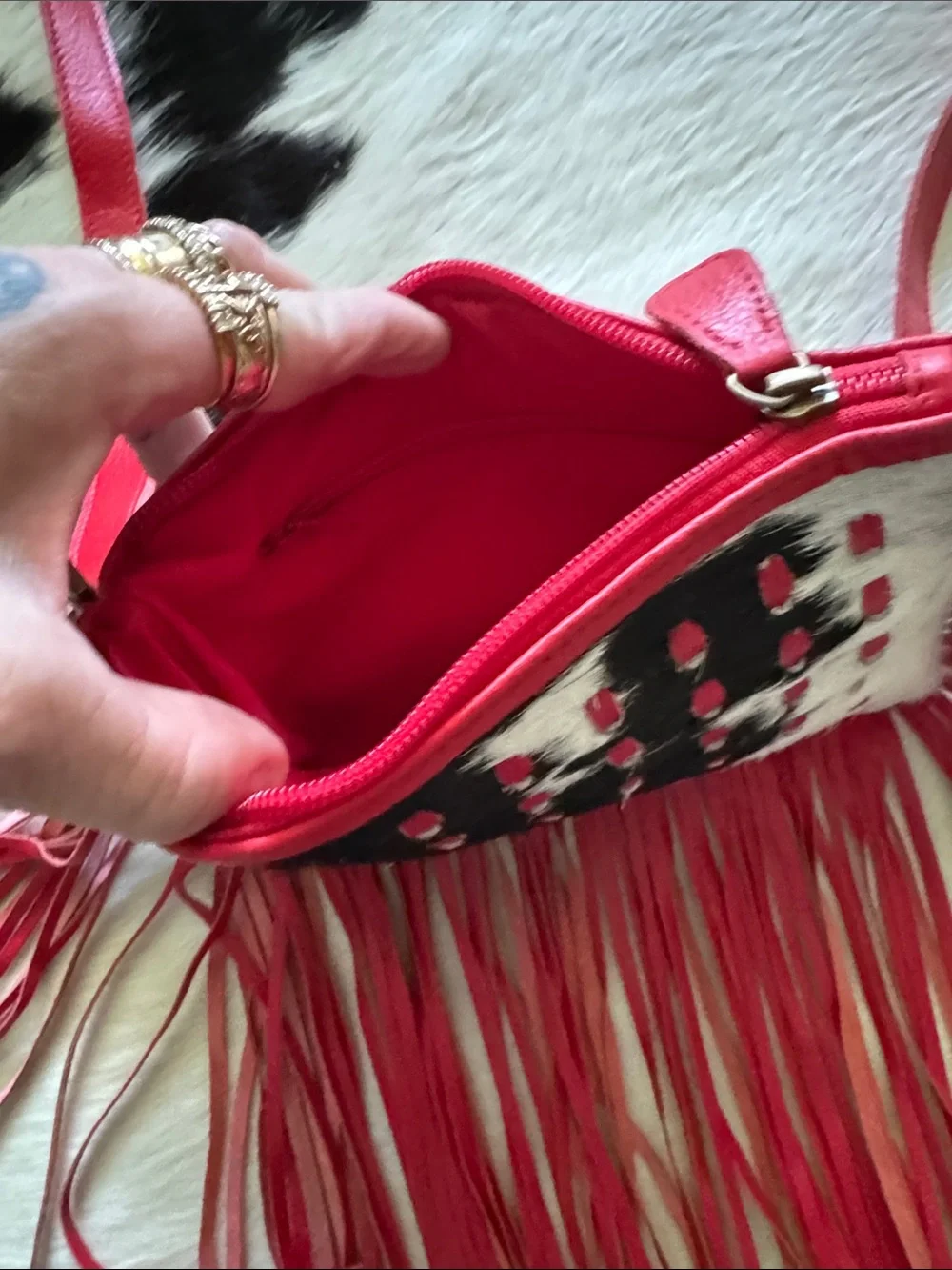 Red Fringe Crossbody Bag with Studded Haircalf Detail
